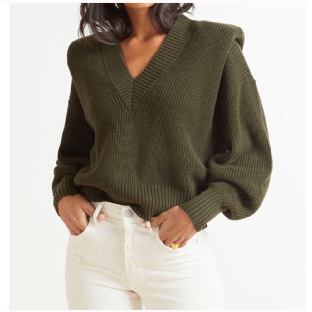 PISTOLA Camille Olive Green Padded Shoulder Sweater | size medium